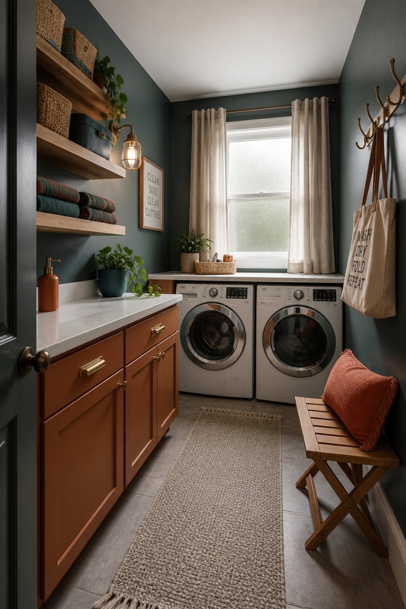 Cozy laundry room with washer, dryer, and storage shelves in apartment.