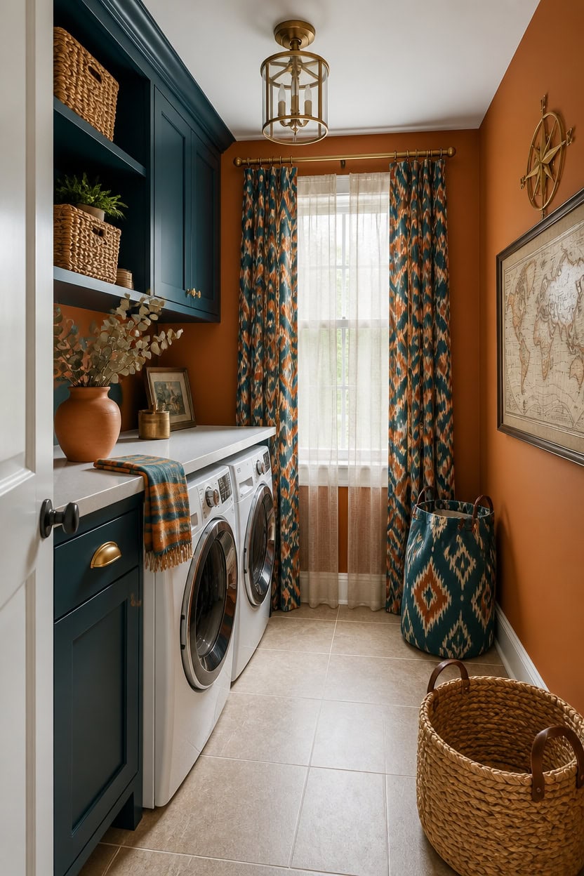 Bright laundry room with blue cabinets, patterned curtains, and woven baskets.