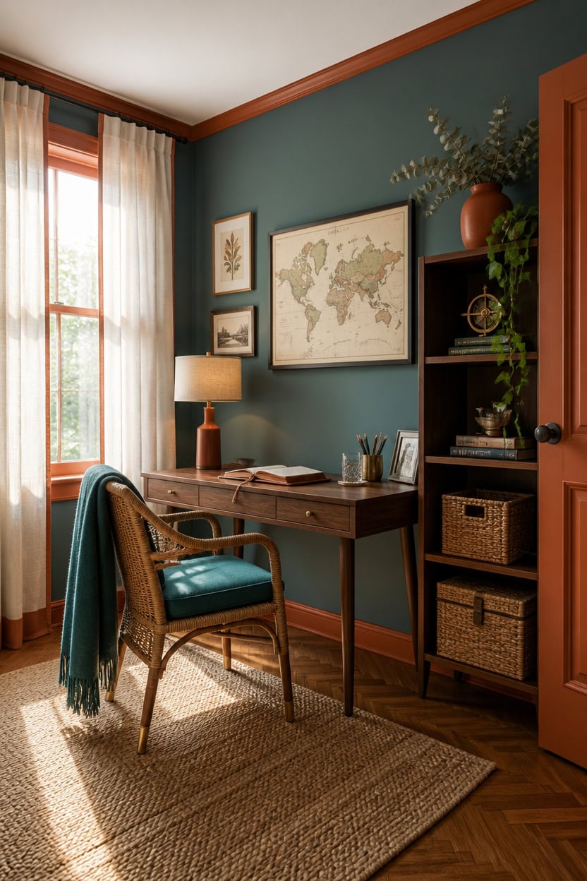 teal and burnt orange workspace