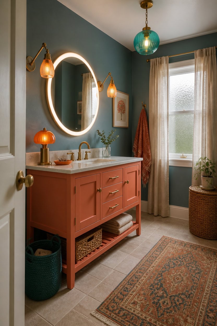 Stylish bathroom with coral vanity, round mirror, and warm lighting fixtures.