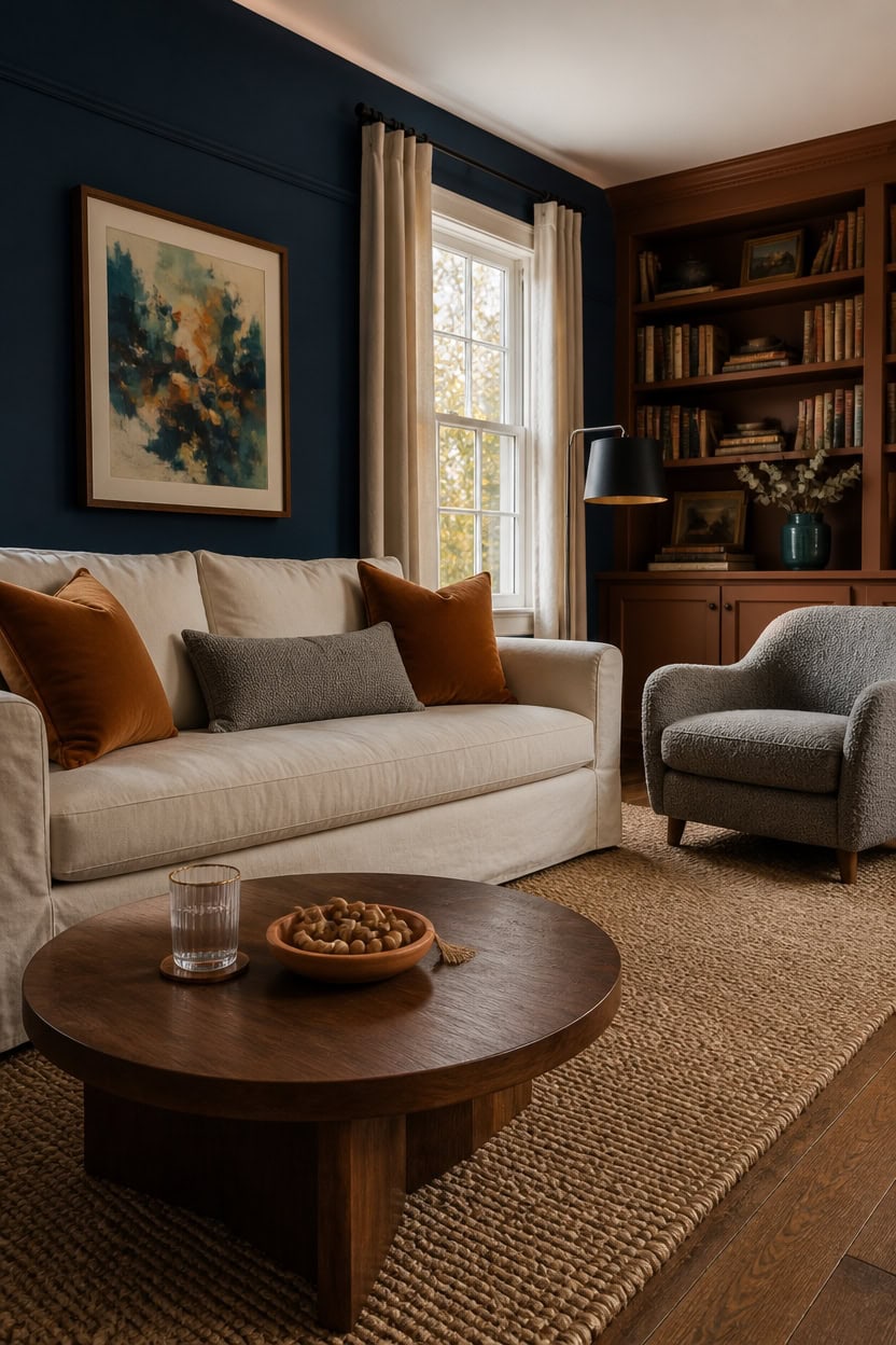 Comfortable living room with sofa, armchair, and bookshelf in a stylish apartment.