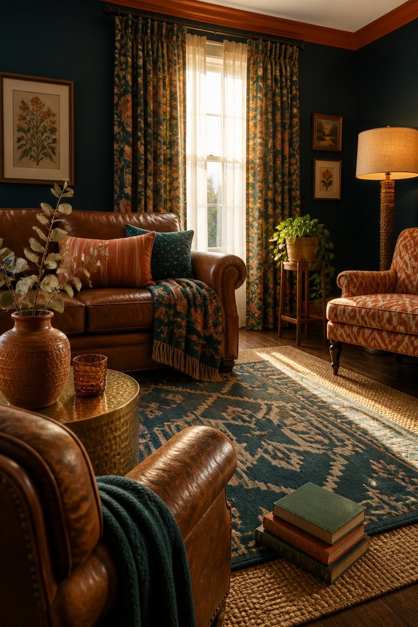 Elegant vintage living room with leather sofa, armchair, and floral curtains.