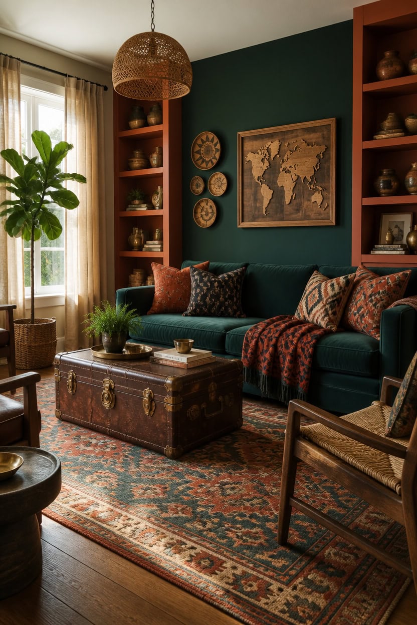 Cozy living room with green wall, world map art, and vintage furniture.