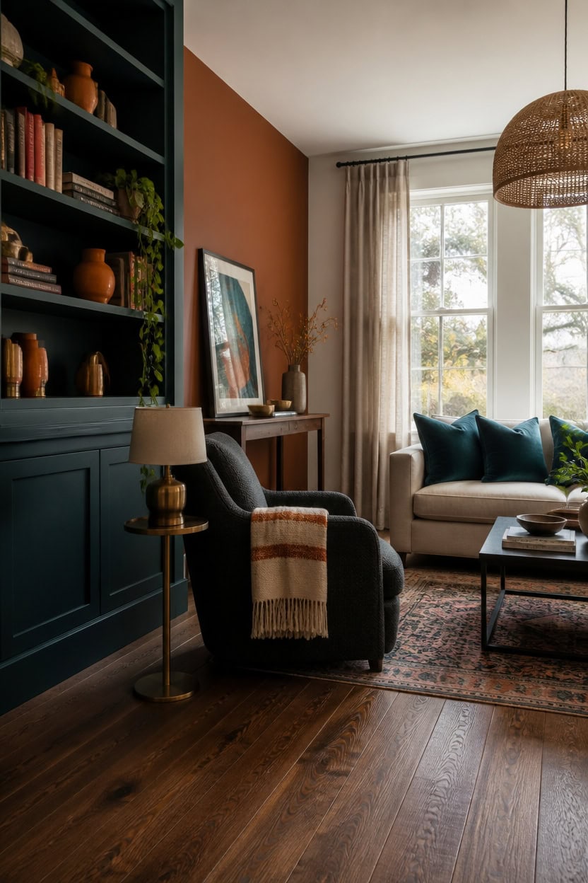 Bright living room with large window, comfortable sofa, and stylish decor.