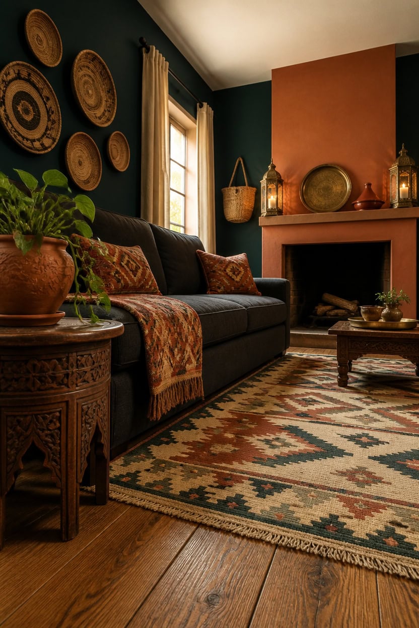 Stylish living room with dark sofa, colorful cushions, and decorative wall art.