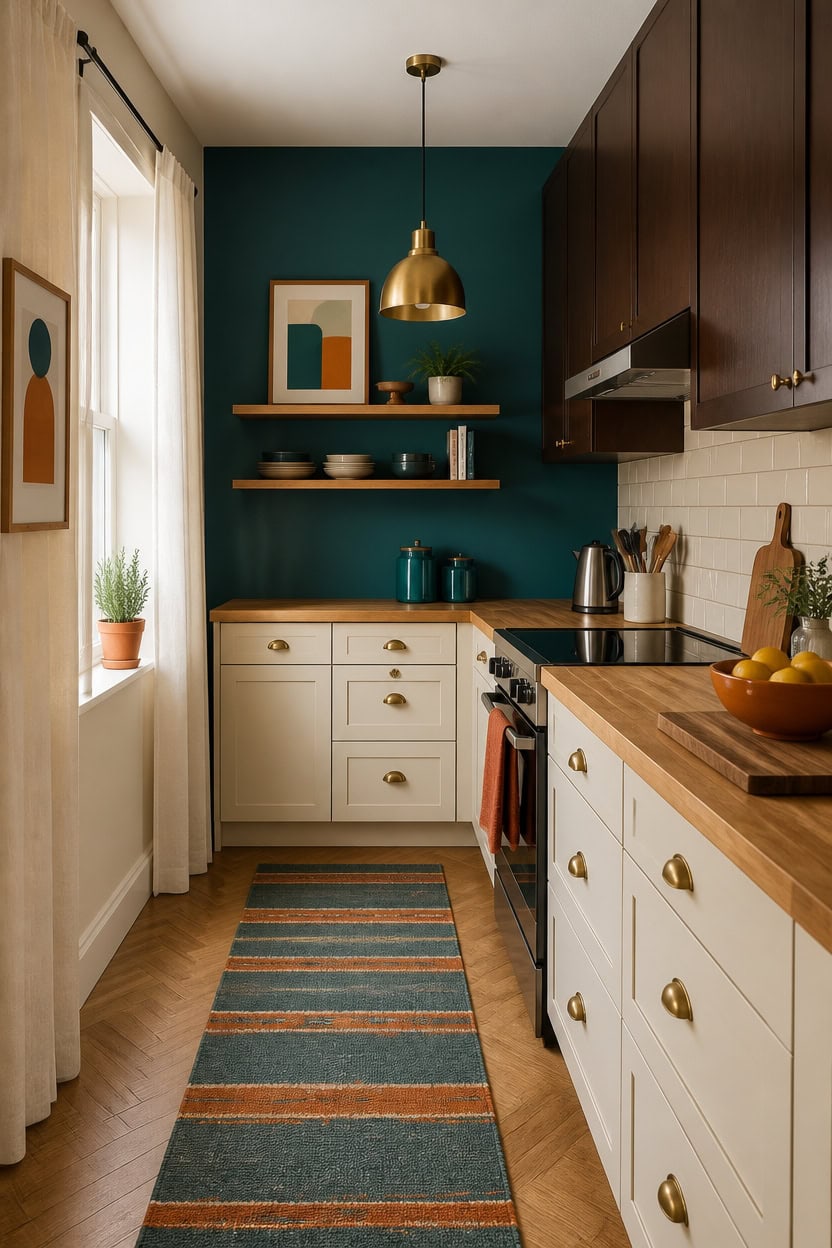 Cozy kitchen featuring white cabinets, wooden countertops, and a blue accent wall.