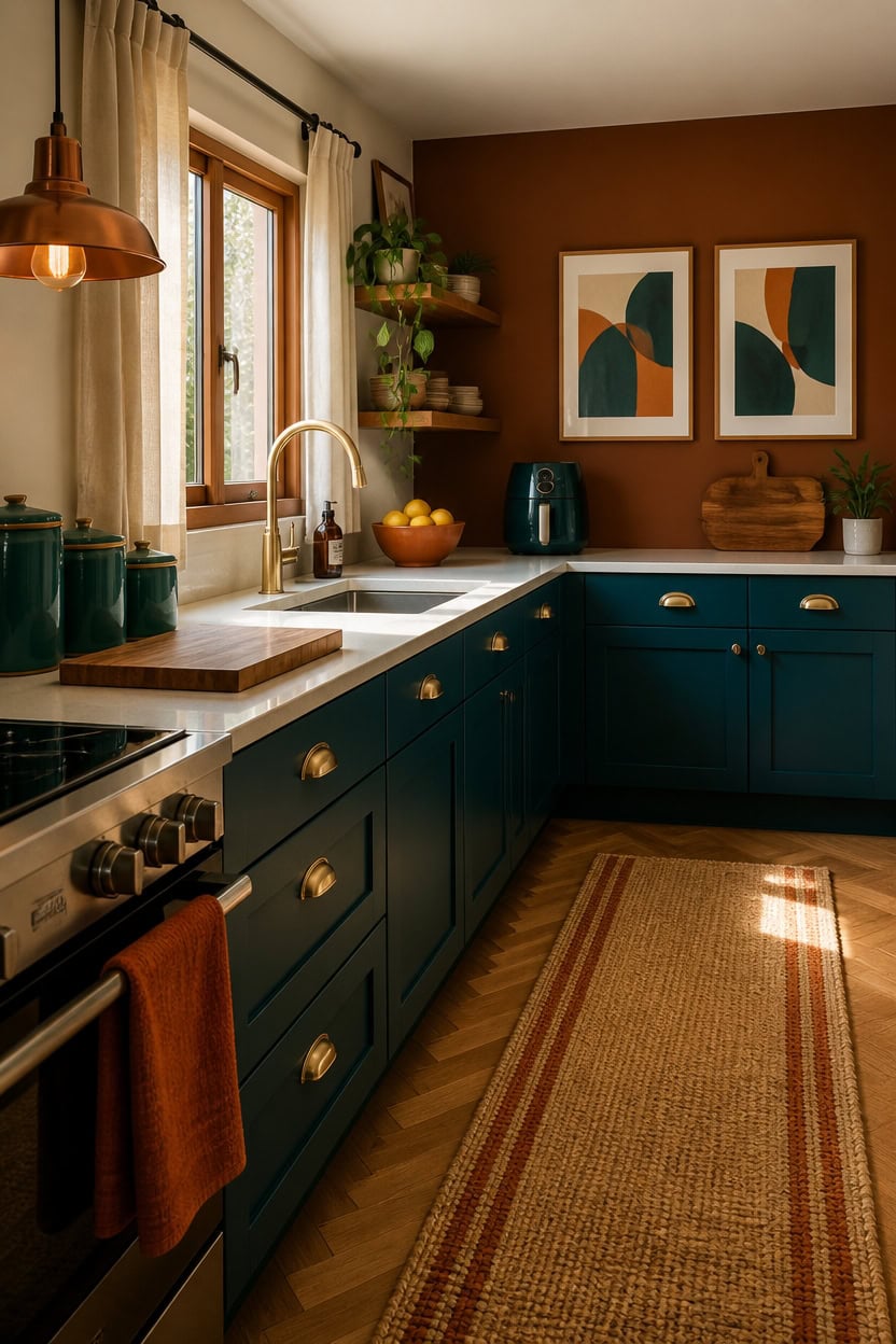 Cozy kitchen with blue cabinets, wooden accents, and natural light from window.