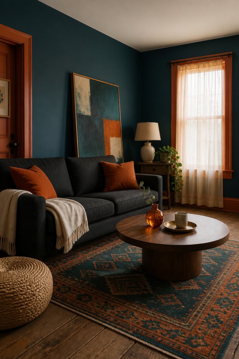 Stylish living room with dark sofa, colorful artwork, and warm lighting.