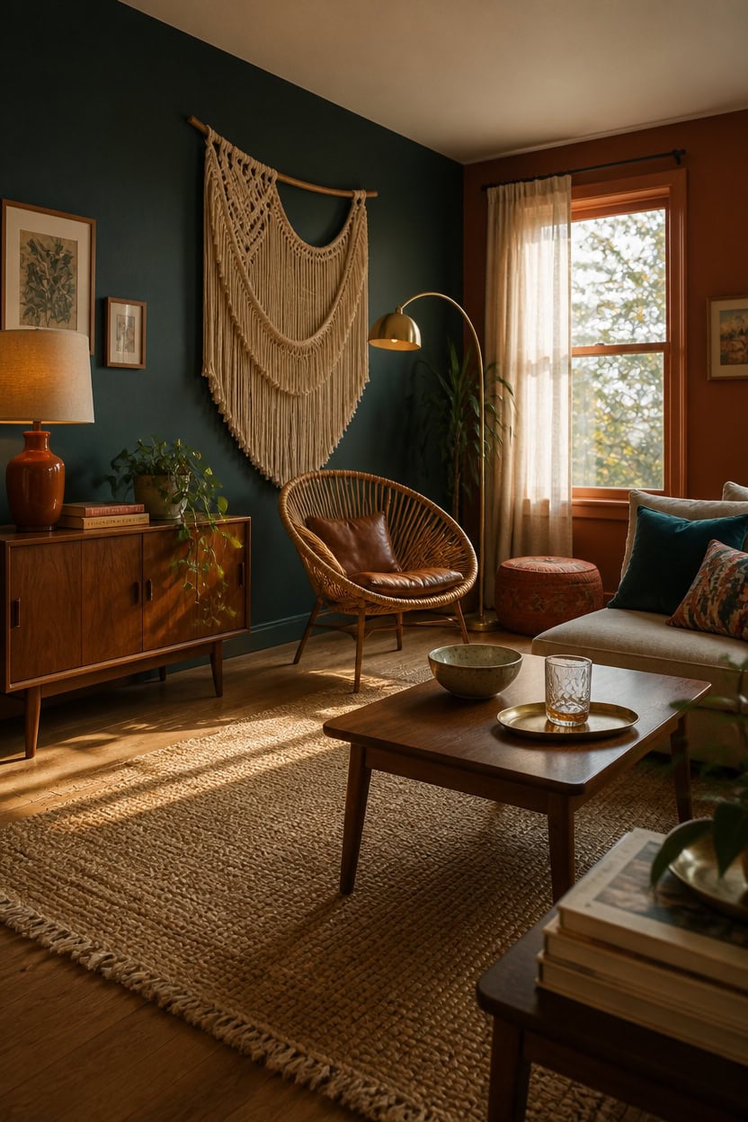 Warm and inviting living room with boho decor and sunlight streaming through window.