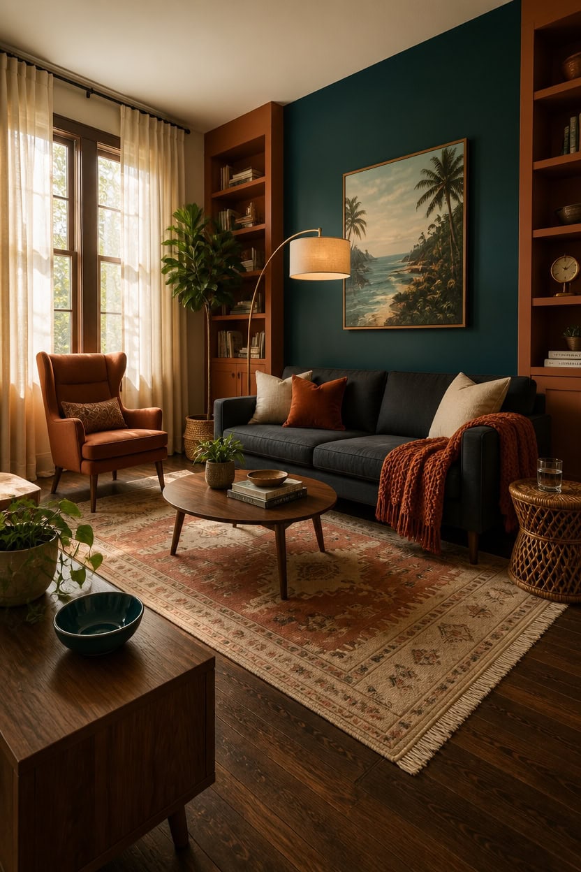 Stylish living room with sofa, armchair, and tropical artwork.