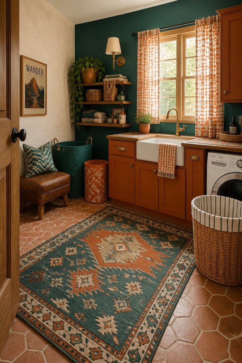 Warm kitchen with green walls, wooden cabinets, and patterned curtains.