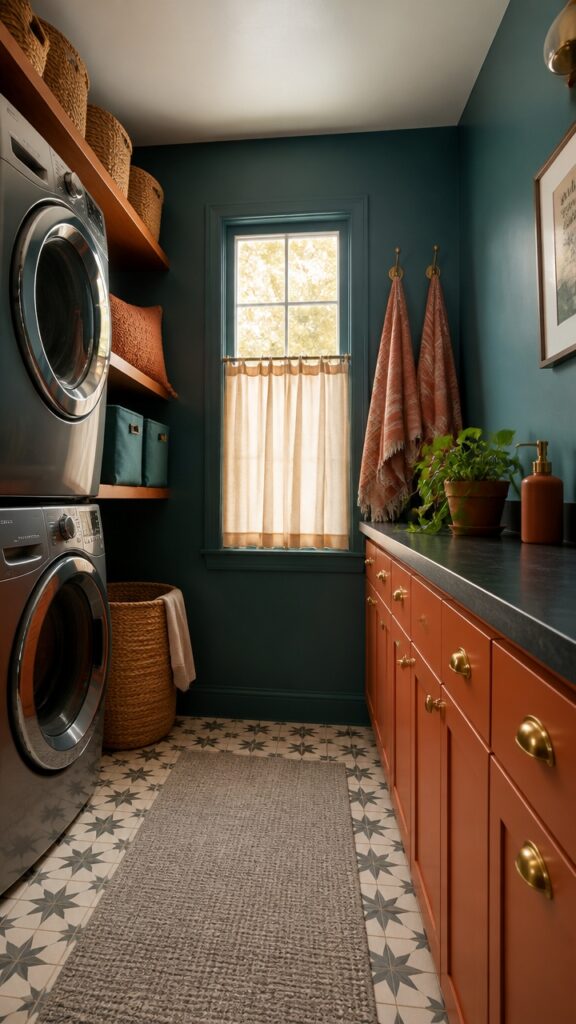 Deep Teal & Burnt Orange Laundry Room: Made for Wanderers