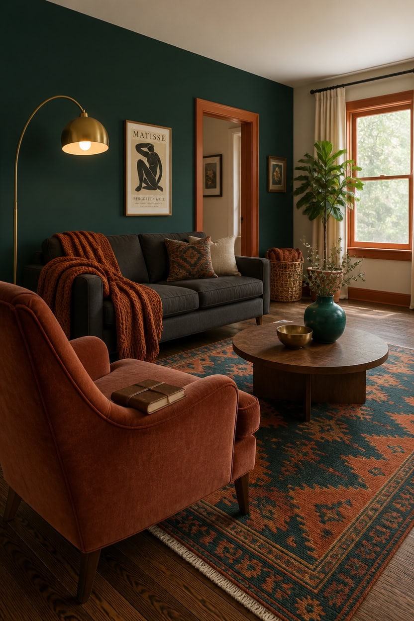 Stylish living room with dark green wall, comfortable sofa, and large window.