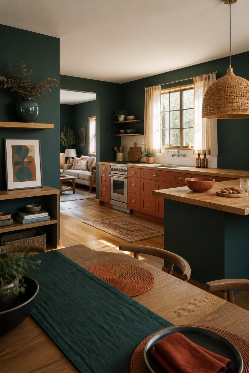 Modern kitchen with wooden cabinets, green walls, and natural light at Apartment ABC.