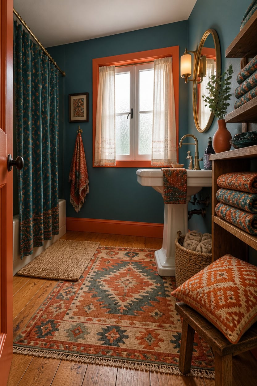 Charming bathroom with teal walls, vintage rug, and wooden accents.