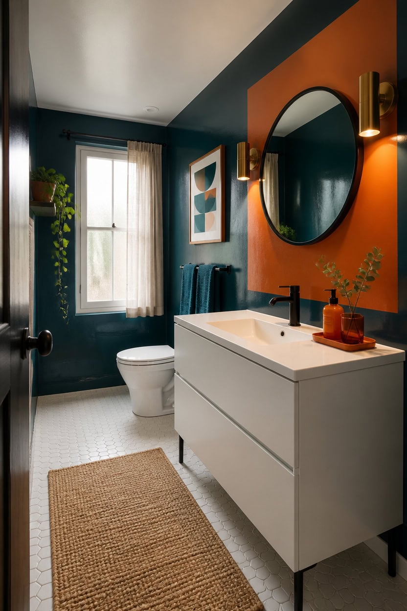 Contemporary bathroom with dark teal walls, round mirror, and white vanity.