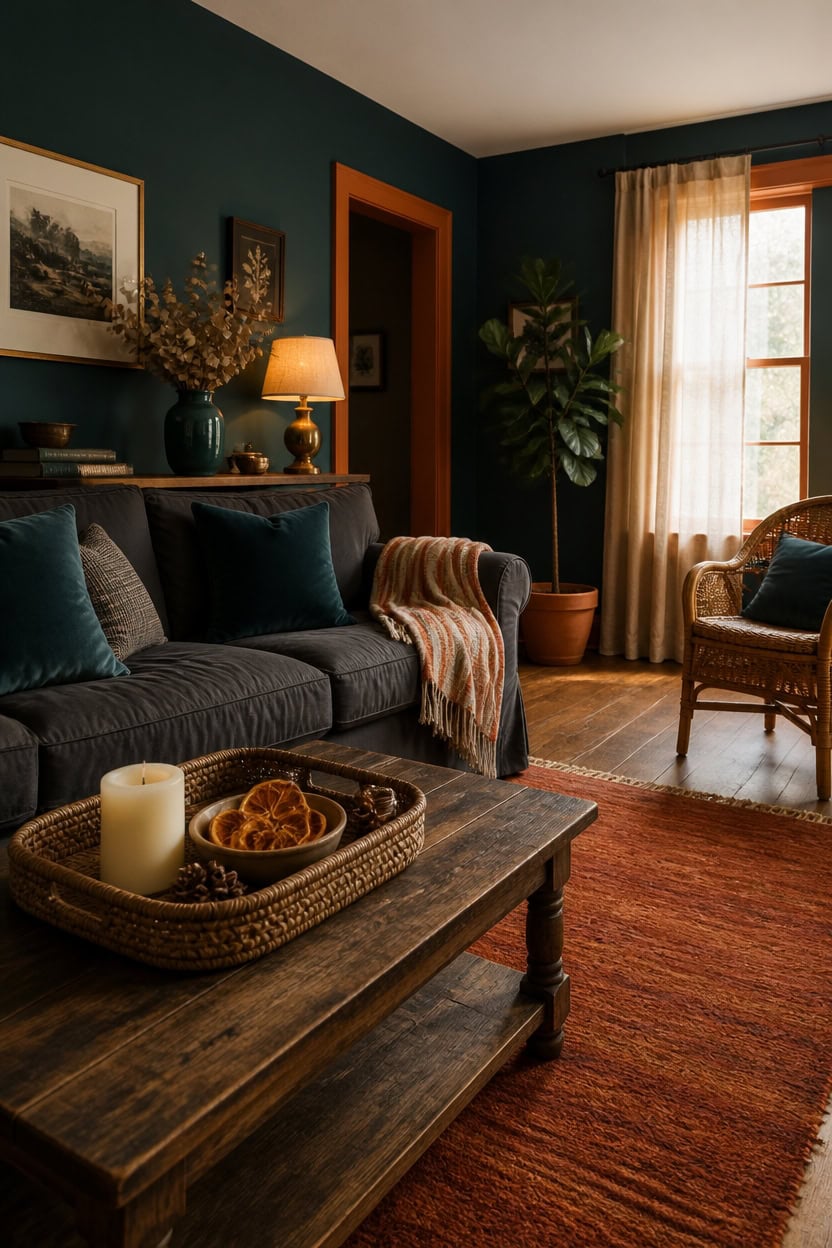 Comfortable living room with dark green walls, wooden furniture, and natural light.