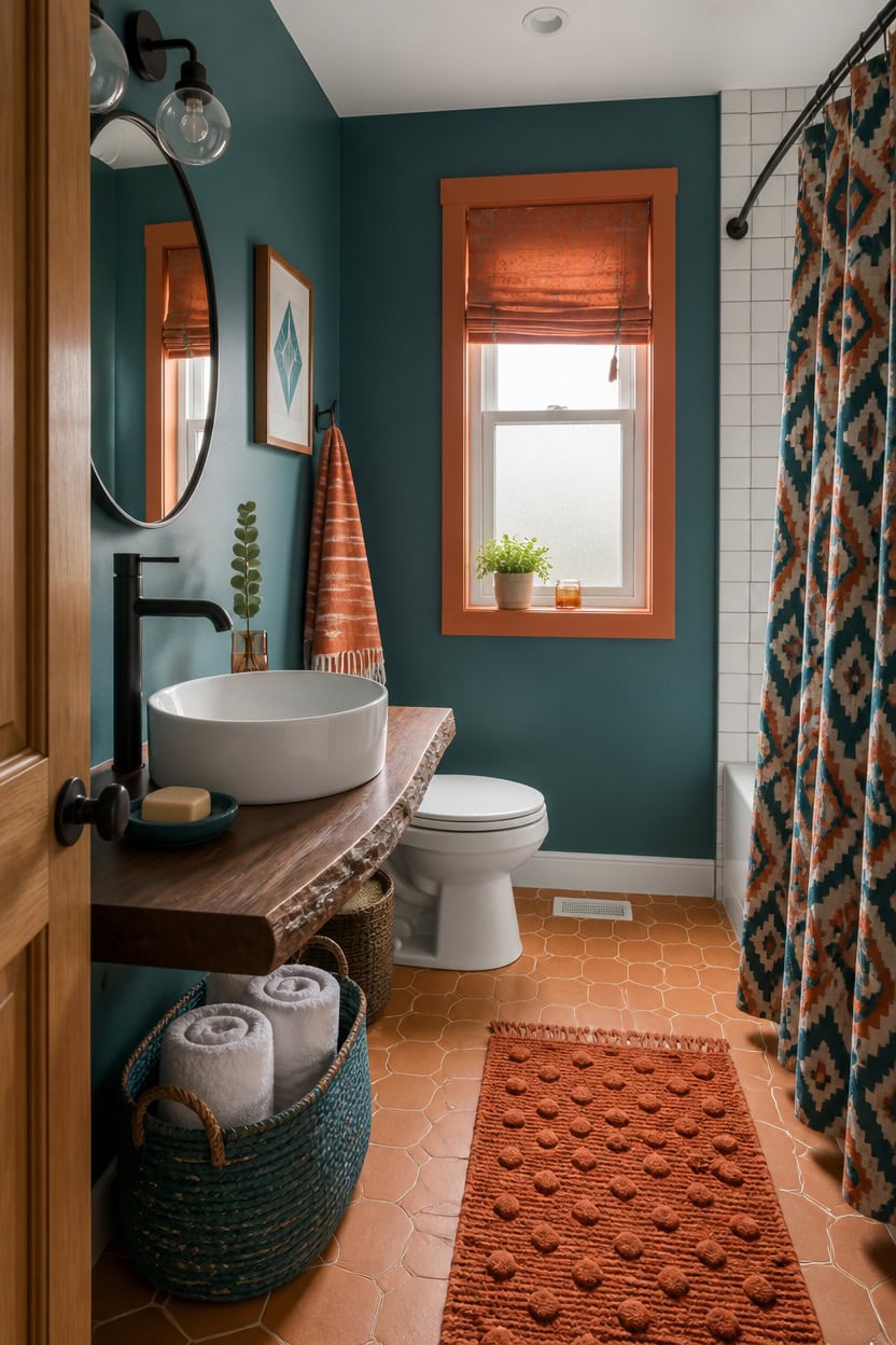 Cozy bathroom with teal walls, wooden accents, and patterned shower curtain.