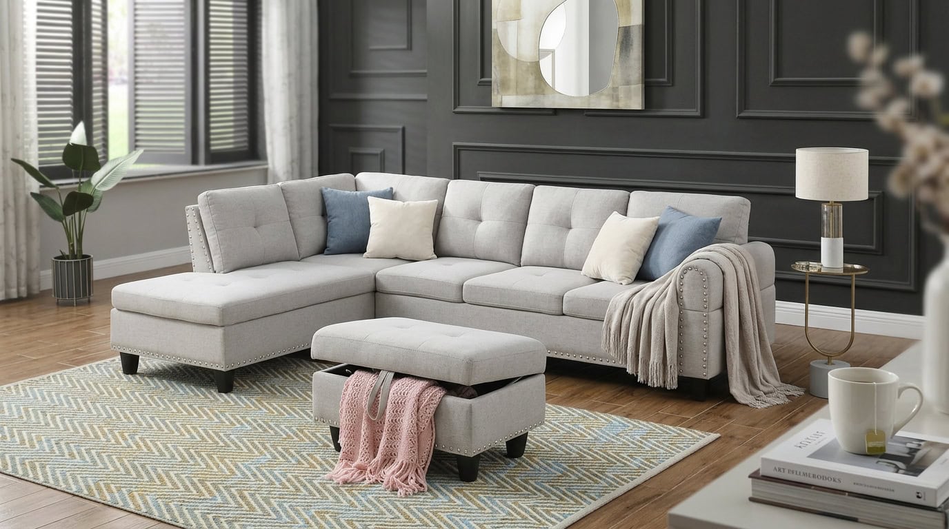 Stylish gray sectional sofa with throw pillows in a contemporary living room.