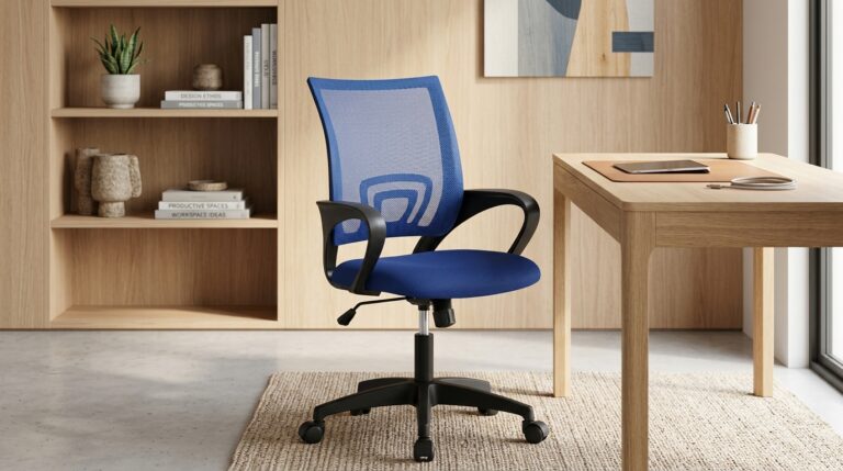 Blue ergonomic office chair in a contemporary home office setting.