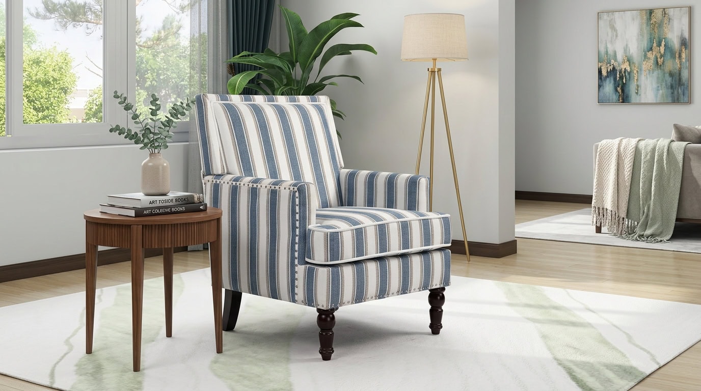 Comfortable blue and white striped armchair in a modern living room.