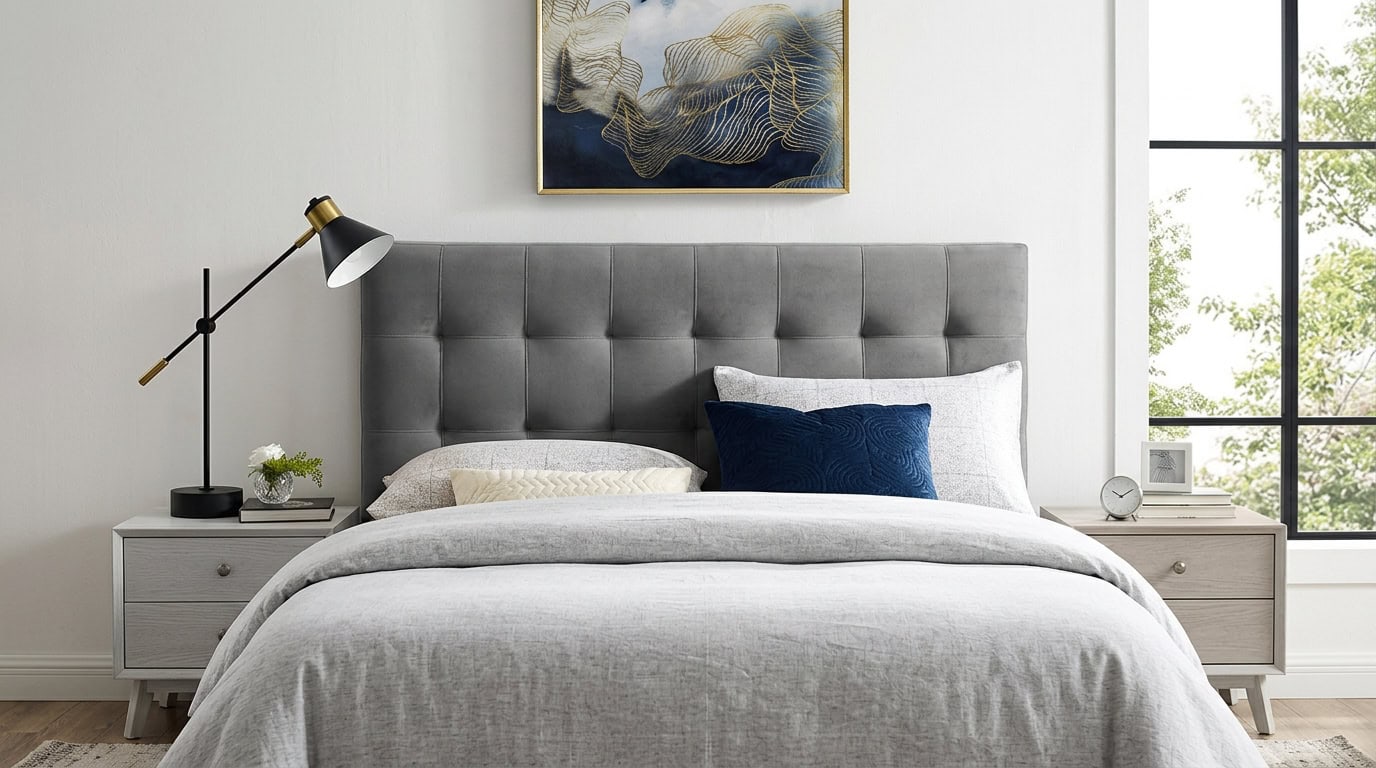 Stylish bedroom with gray upholstered headboard and minimalist decor.