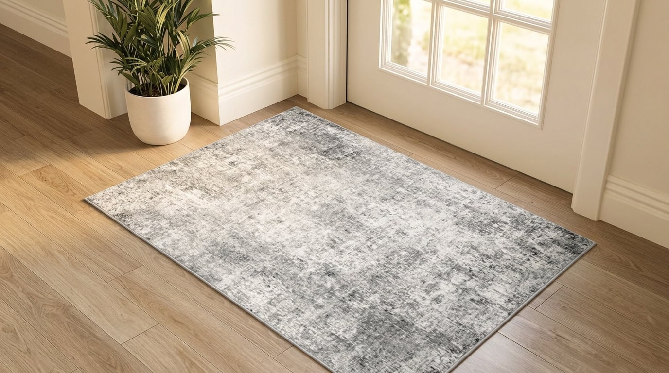 Stylish gray and white area rug in apartment entryway.