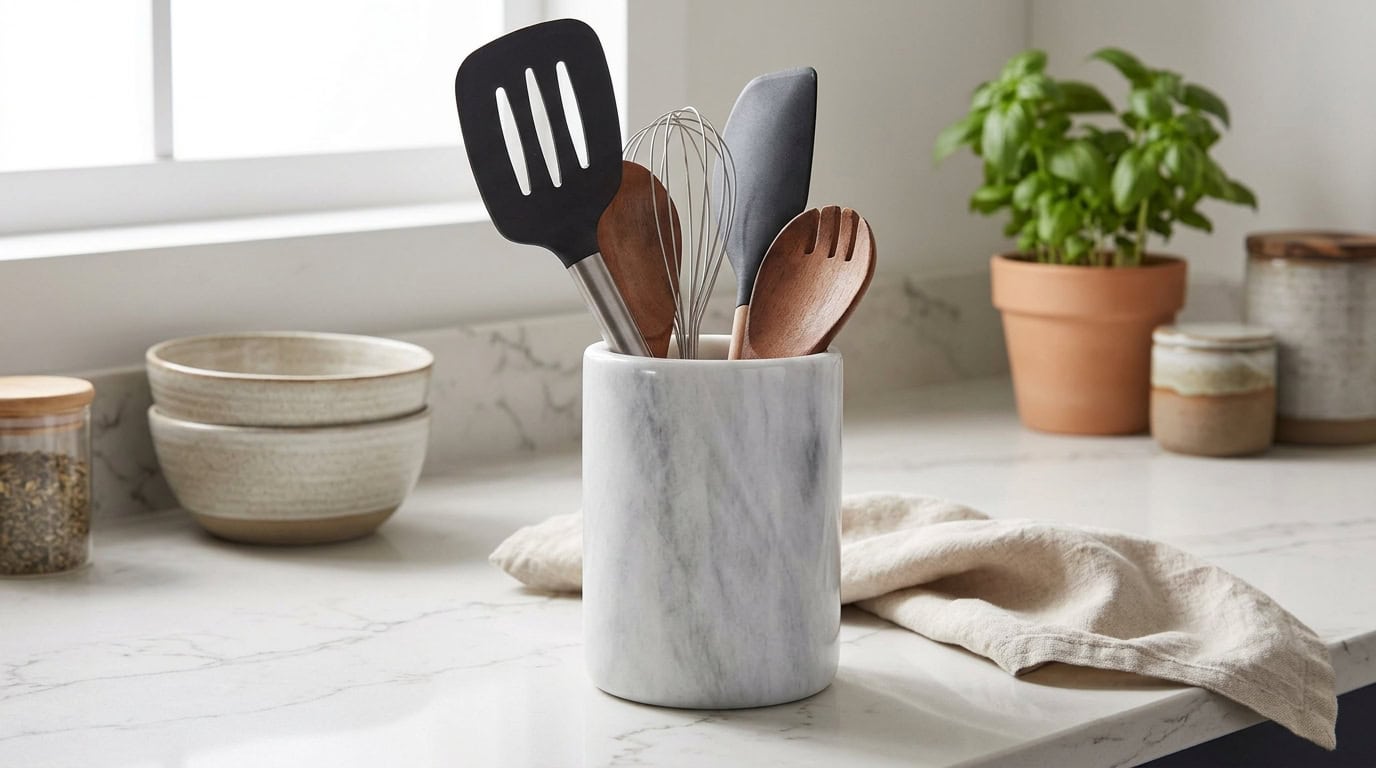 Marble kitchen utensil holder with spatula, whisk, and wooden spoons on countertop.