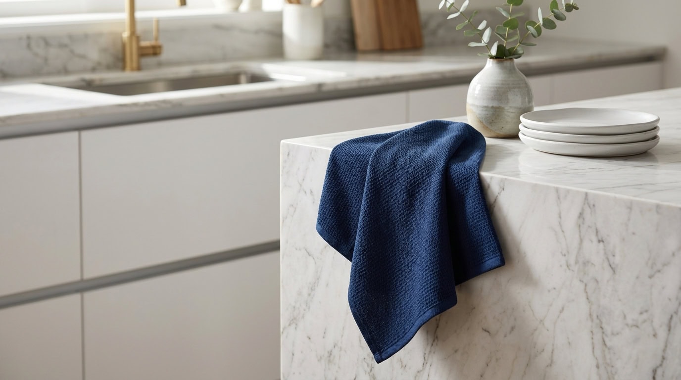 Elegant kitchen with marble island and blue towel for a stylish look.