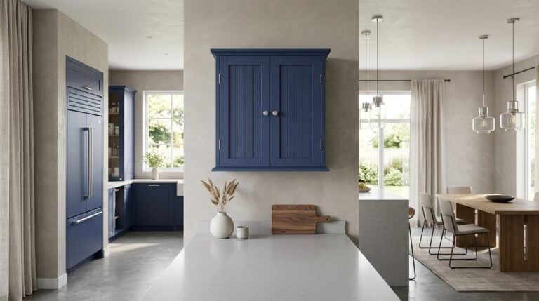 Stylish blue kitchen cabinet with modern decor and natural light.