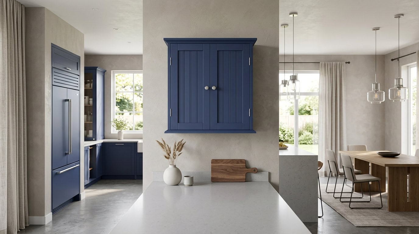 Stylish blue kitchen cabinet with modern decor and natural light.