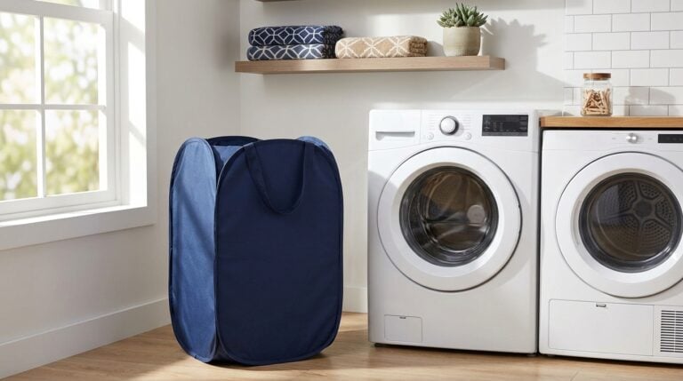 Laundry room with washer, dryer, and storage shelf in a bright space.