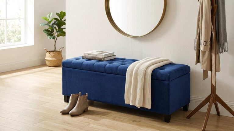 Elegant blue upholstered entryway bench with a beige throw blanket and shoes.