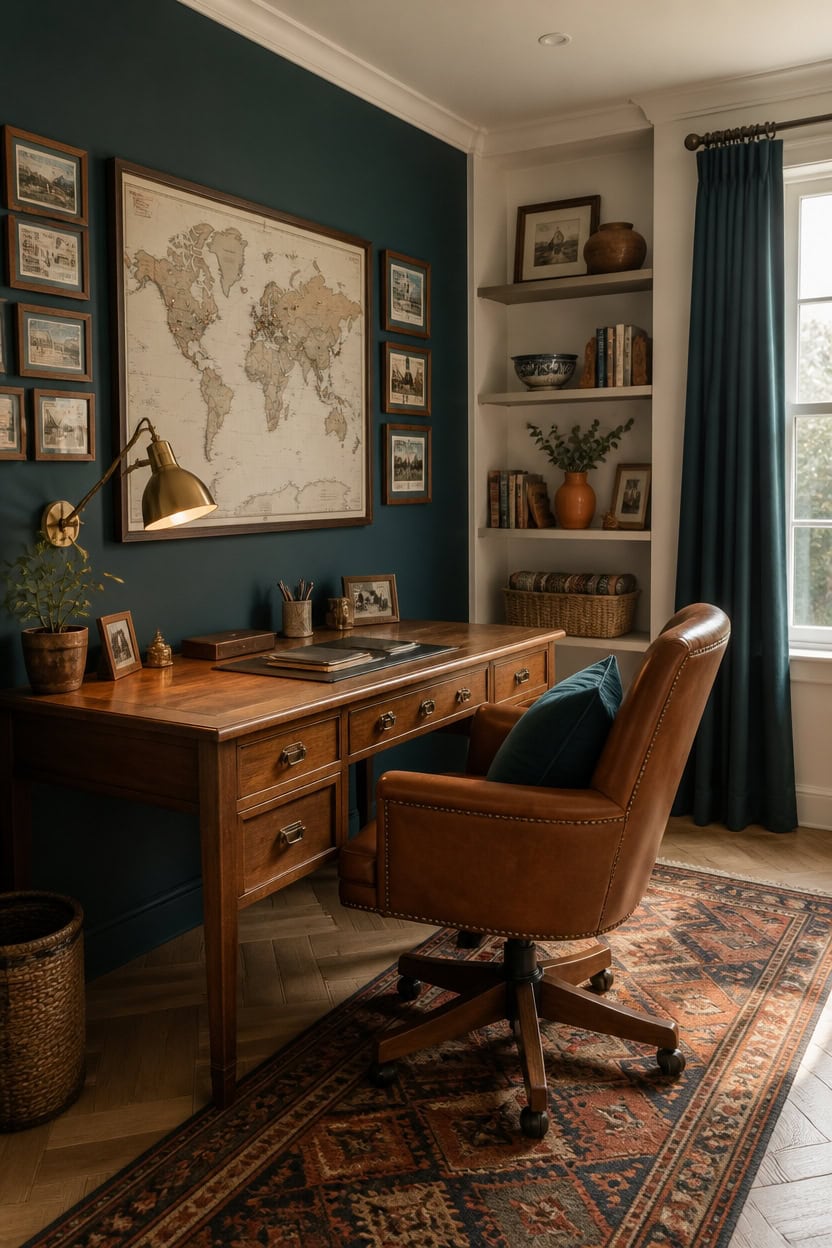 Home office with wooden desk, leather chair, world map, and bookshelves.