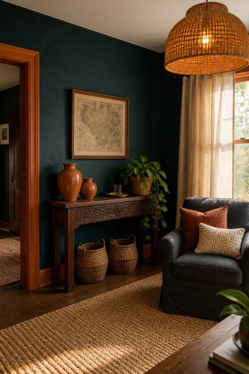 Comfortable living room with dark green walls, wicker pendant light, and cozy armchair.