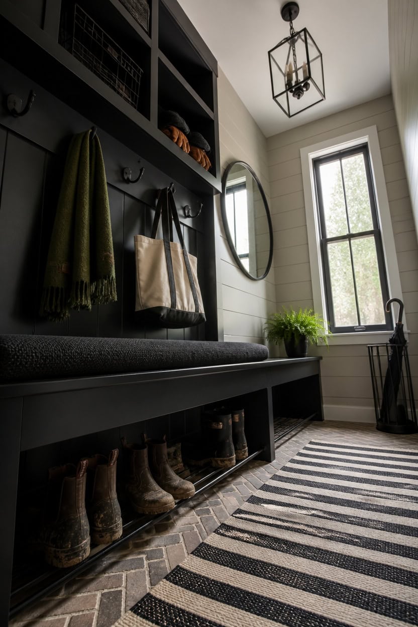 Modern entryway with black storage bench, hooks, and window view.