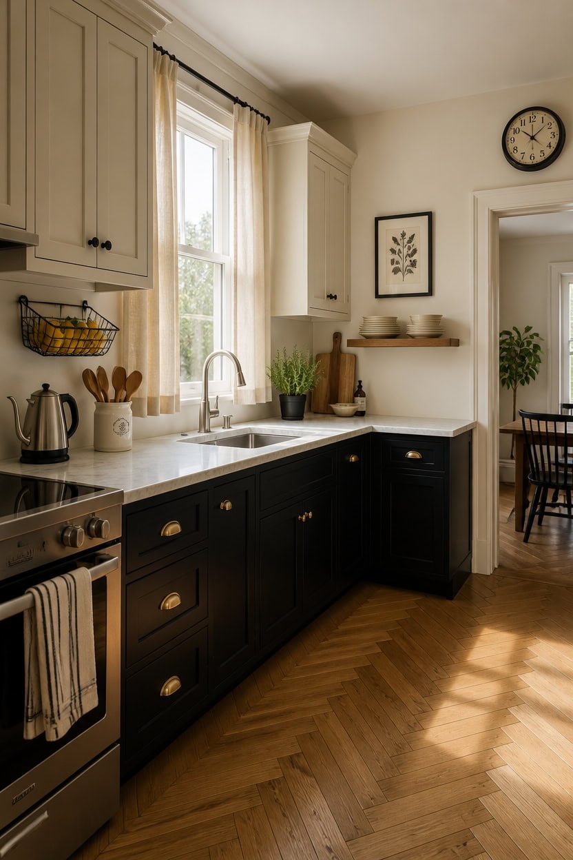 Bright kitchen with black and white cabinets, wooden flooring, and natural light.