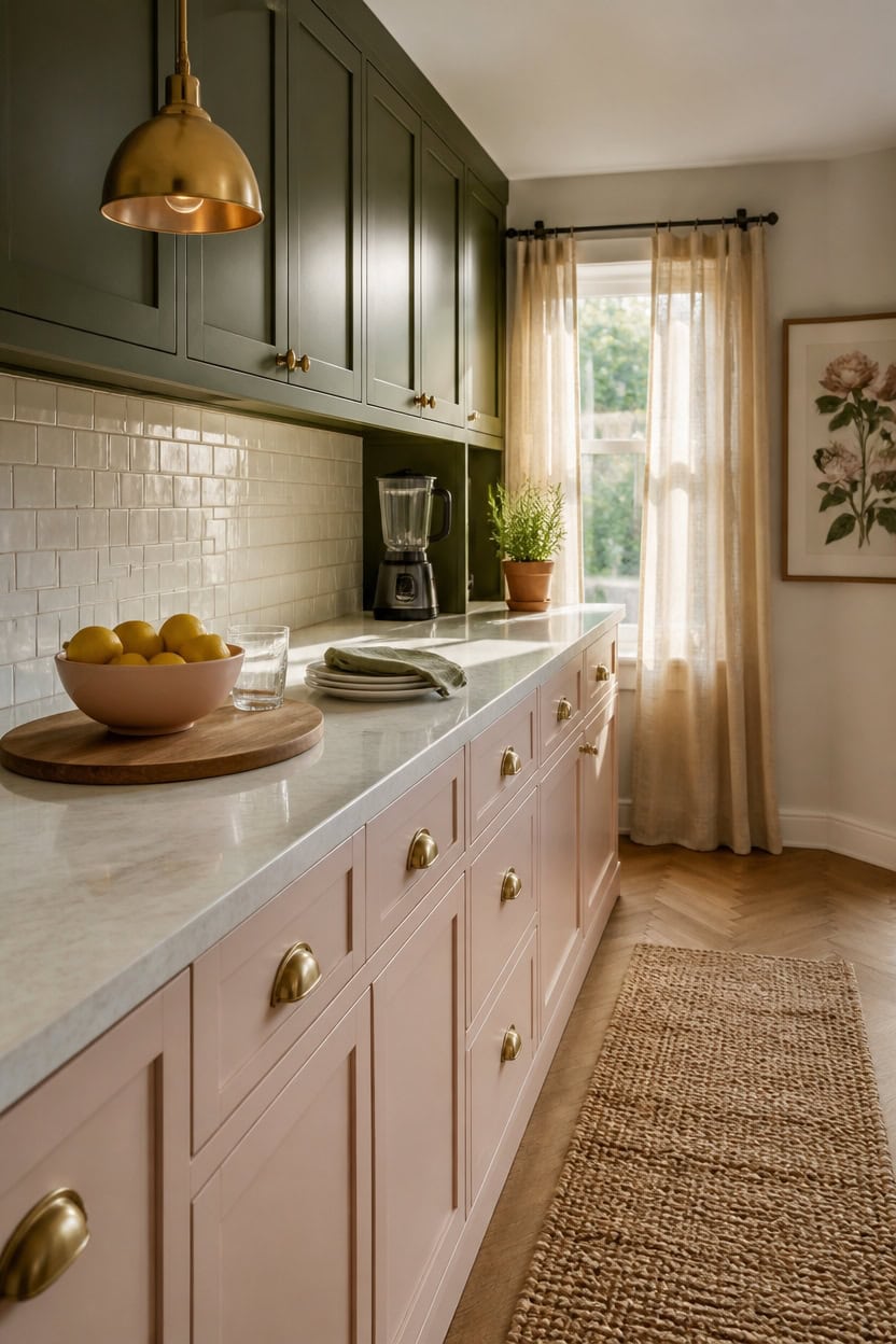 Cozy kitchen with green upper cabinets, beige lower cabinets, and natural light.