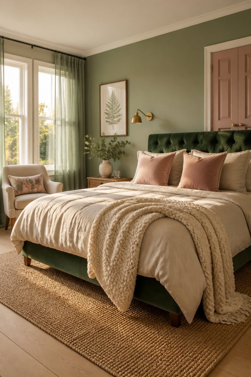 Elegant bedroom with green wall, plush bed, and natural light from large windows.