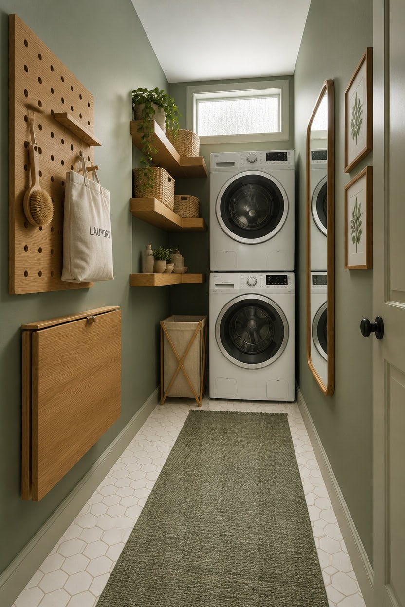 Compact laundry room with washer, dryer, and wall-mounted shelves.