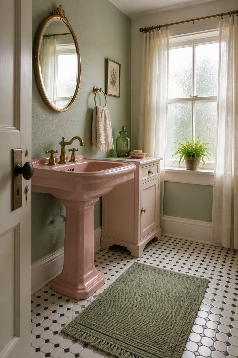 Vintage bathroom with pink sink, green walls, and natural light from window.