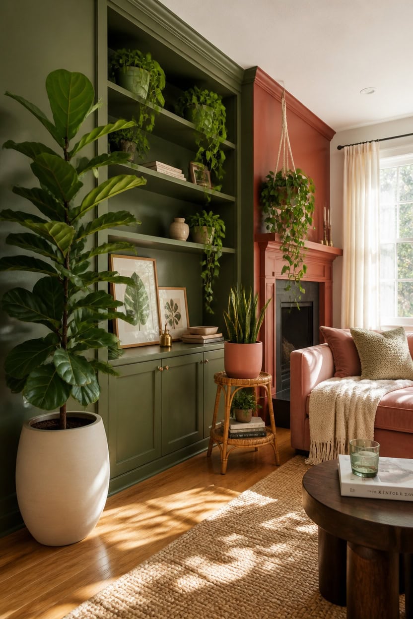 Stylish living room with green bookshelf, pink fireplace, and cozy seating area.
