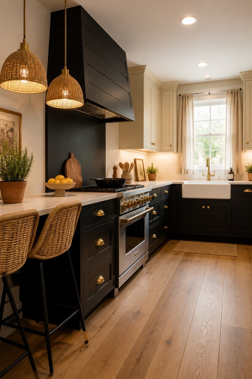 Stylish kitchen with black cabinets, white farmhouse sink, and natural light from window.