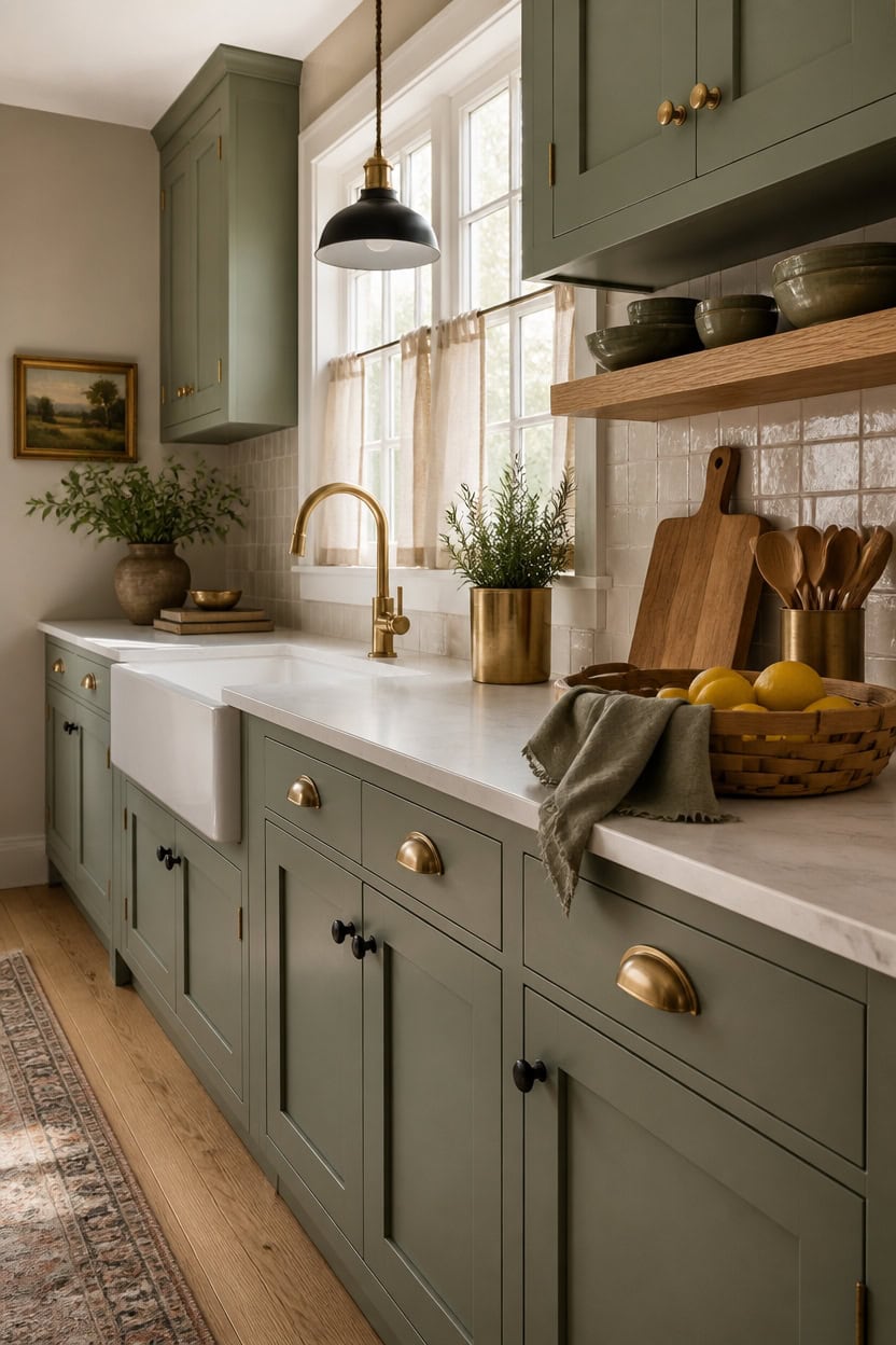 Bright green kitchen with white countertops, gold fixtures, and wooden accents.