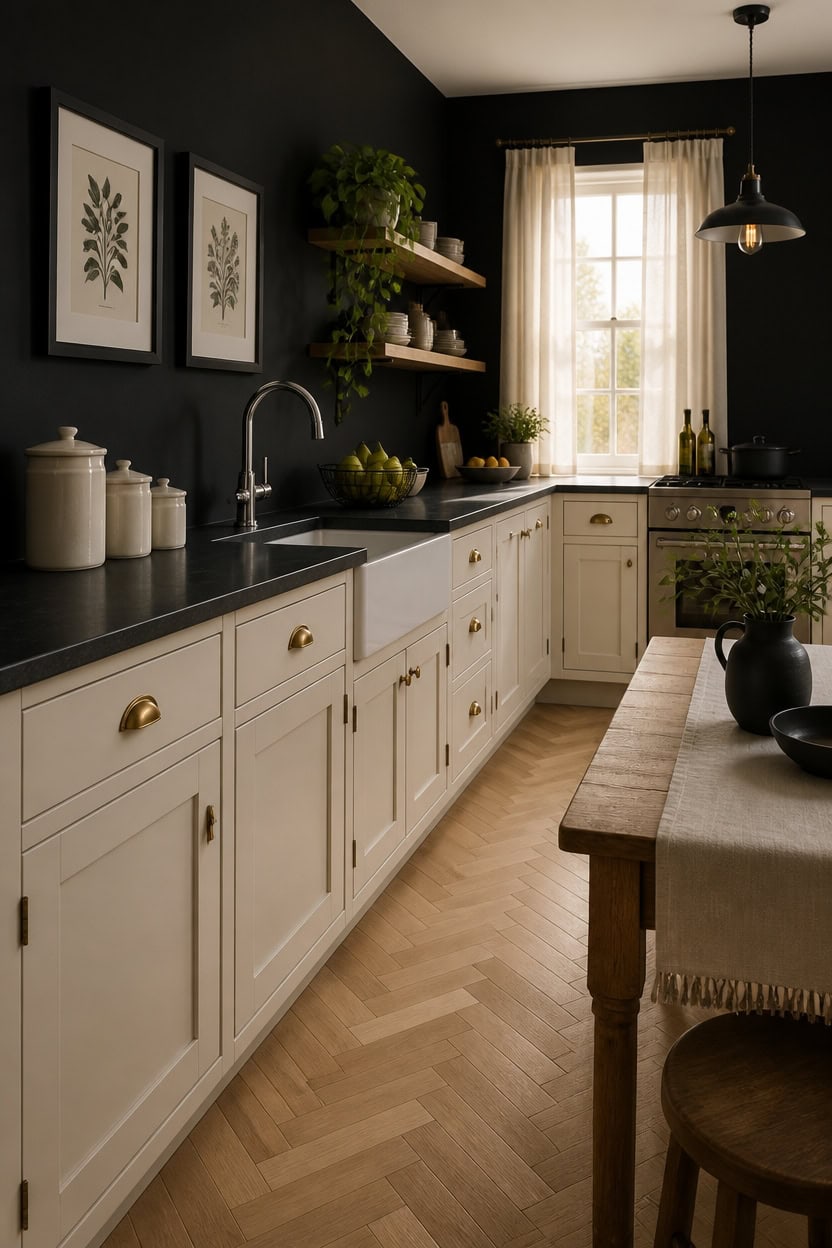Bright kitchen with white cabinets, black walls, and natural light from window.