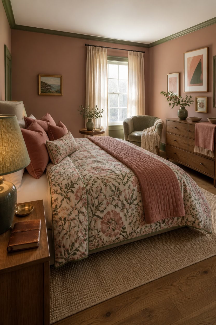Charming bedroom with floral bedding, soft pink walls, and vintage furniture.