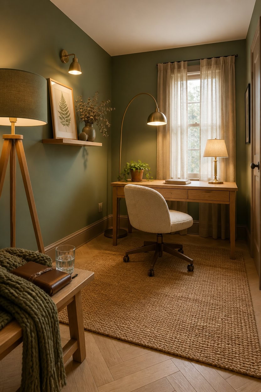 Comfortable home office with green walls, wooden desk, and natural light.