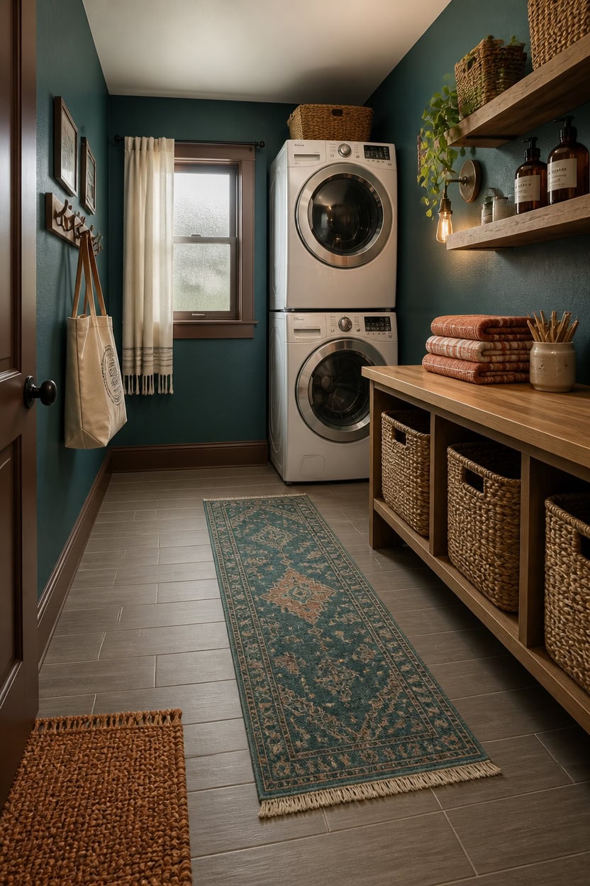 warm gray flooring with teal