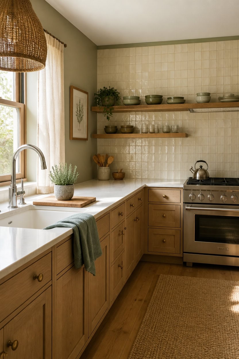 Bright kitchen with wooden cabinets, open shelves, and a window with curtains.
