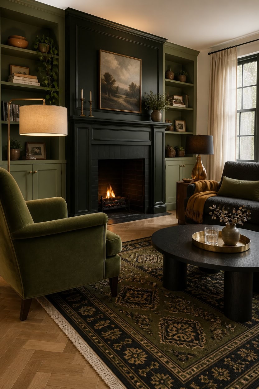 Cozy living room with fireplace, green armchairs, and natural light from large window.
